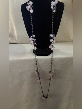 Long Pink Bead Station Necklace - Unbranded